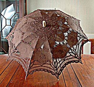 Chocolate Brown battenburg lace parasol. 16" ( 32" Full Open)